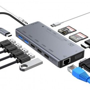 13 az 1-ben USB Type C Hub 1x USB-C, 3x USB 2.0, 2x USB 3.0, 1x HDMI, 2x SDXC, 1x microSD, 1x VGA, 1x 3.5mm audio, 1x Ethernet  MacBook-hoz