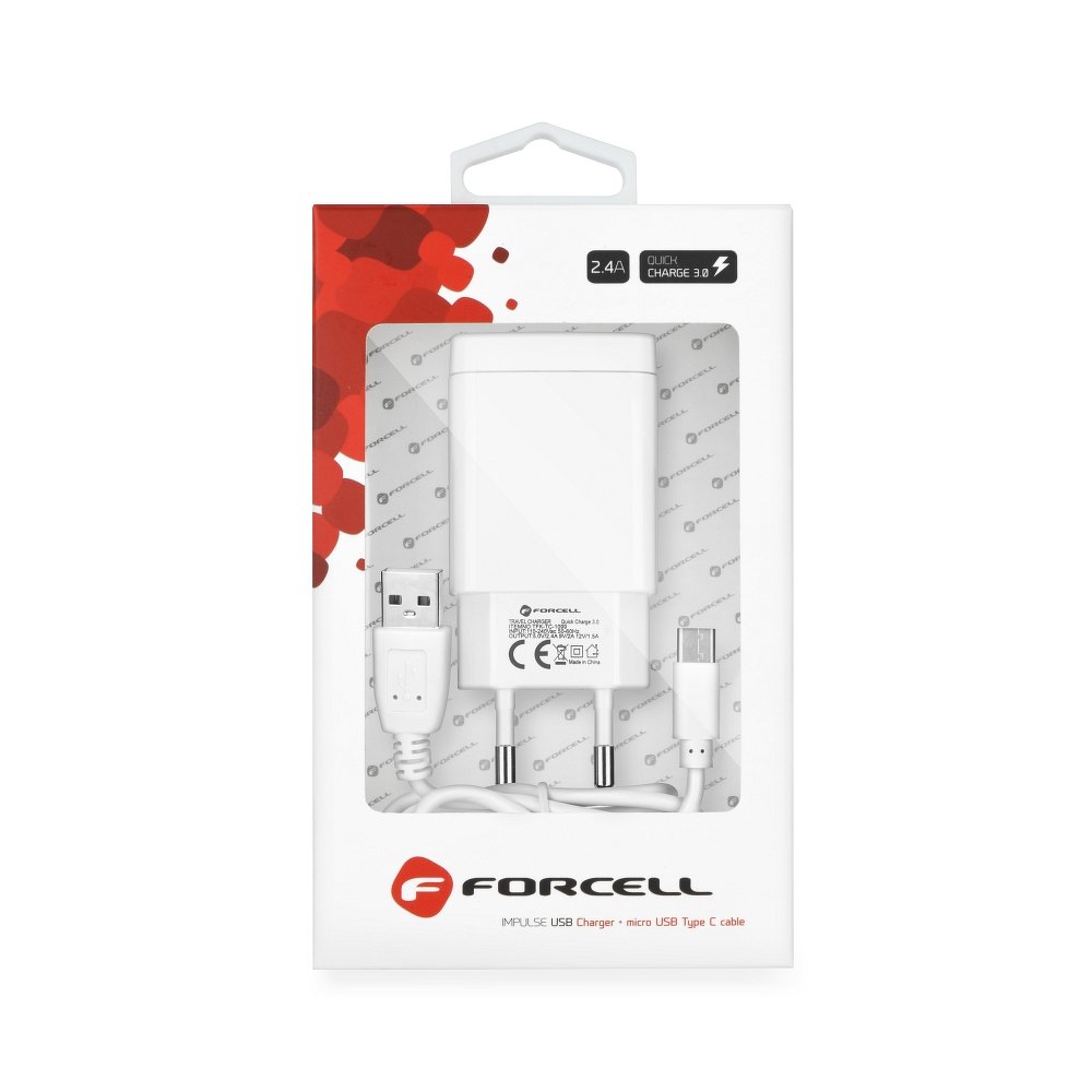 Forcell hálózati, fali töltő adapter USB type C kábellel 2.4A 3.0 gyorstöltés technológiával