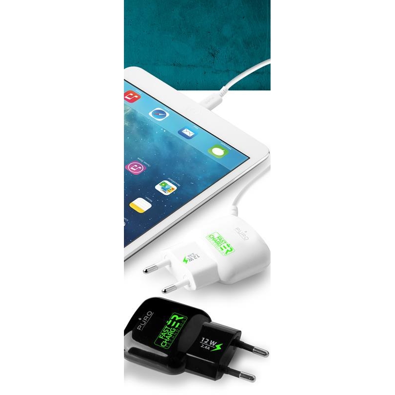 PURO Mini Travel Gyors Töltő USB lightning kábellel MFi 1m, 2,4 A, 12 W fekete