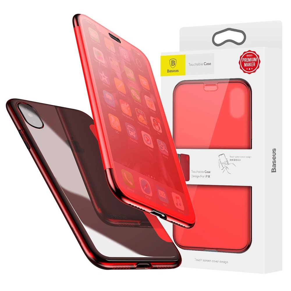 Baseus Touchable TPU piros iPhone X tok flippes üvegfóliával