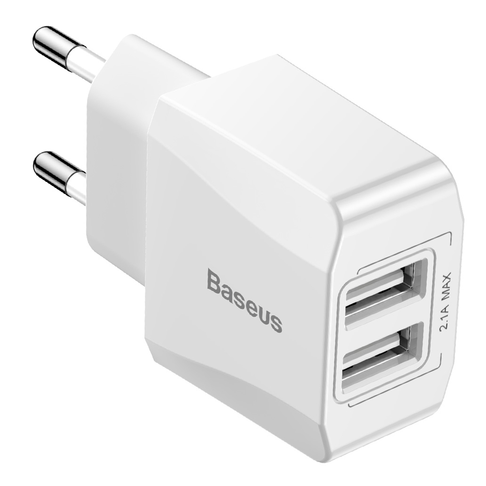 Baseus Mini Dual-U hálózati, fali USB töltő adapter 2 USB aljzattal fehér színben