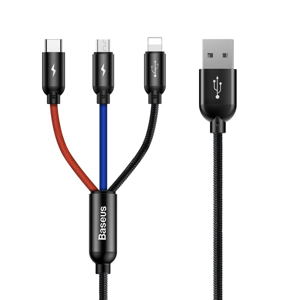 Baseus 3 Primary Colors micro USB/ Lightning/ USB Type-C kábel 1,2m 3.5A fekete