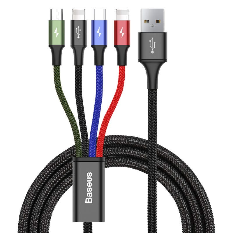 Baseus 4in1 gyorstöltő kábel szett 2 x Lightning 3.5A nylon harisnyázott piros/kék/zöld/fekete