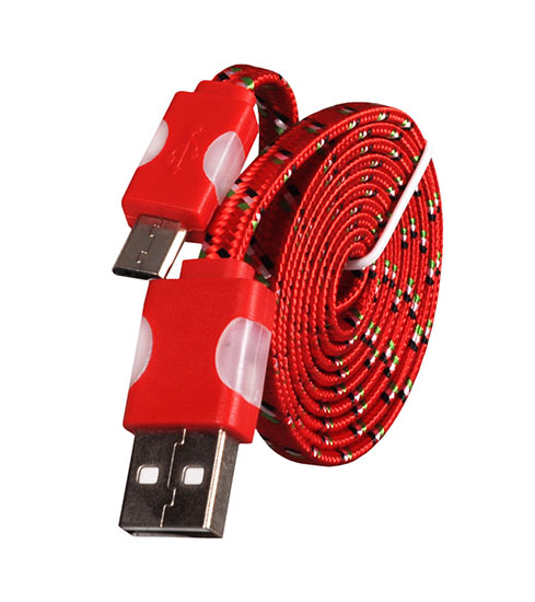Micro USB harisnyázott kábel LED világítással 1m piros