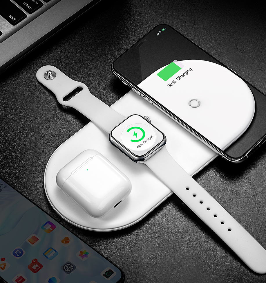 Baseus Smart 3in1 vezeték nélküli Qi gyorstöltő fehér színben (WX3IN1-02), Apple Watch töltő