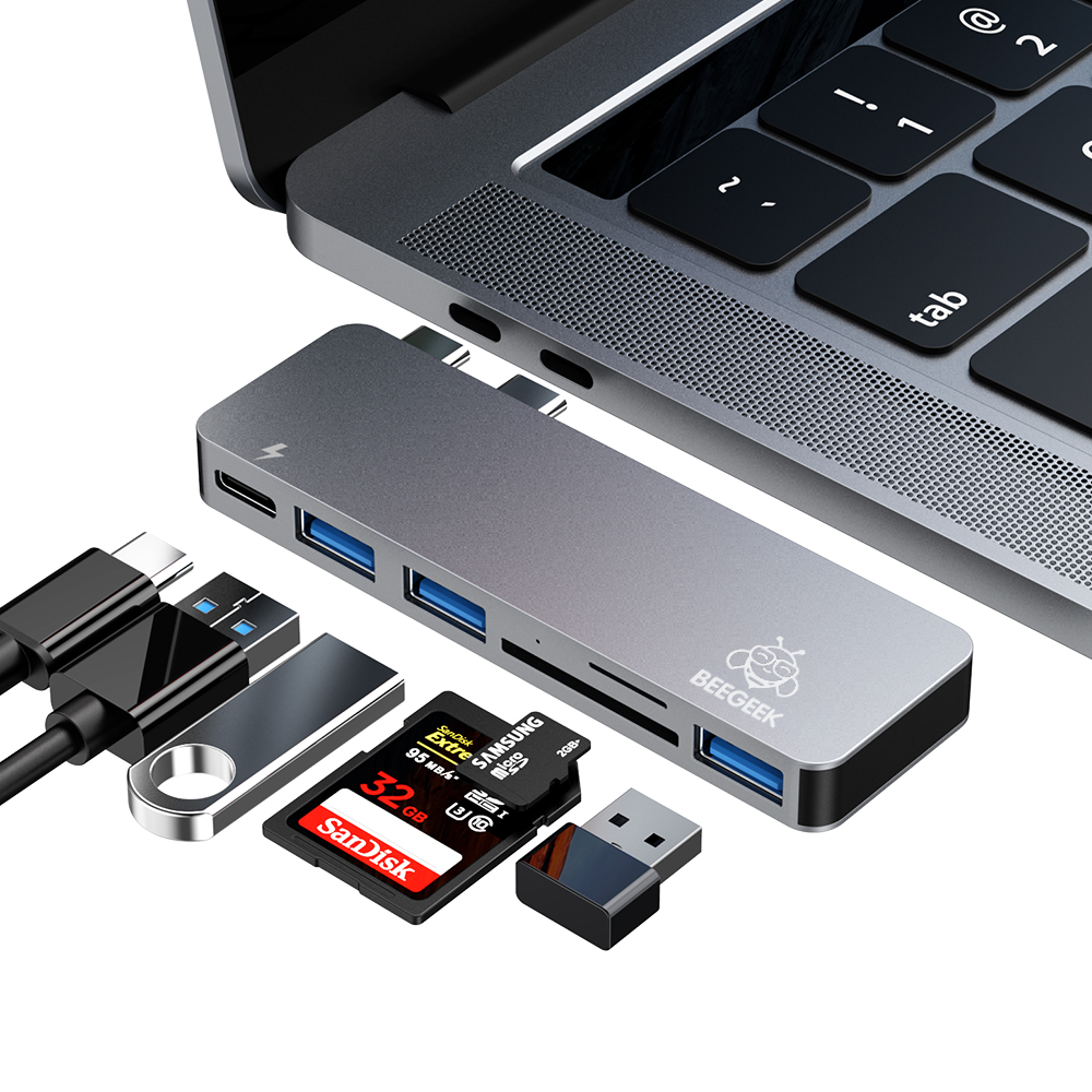 BeeGeek (HUB-61) Type-C elosztó HUB MacBook-hoz szürke színben (Type-C,USB 3.0,SD,Micro SD,TF)