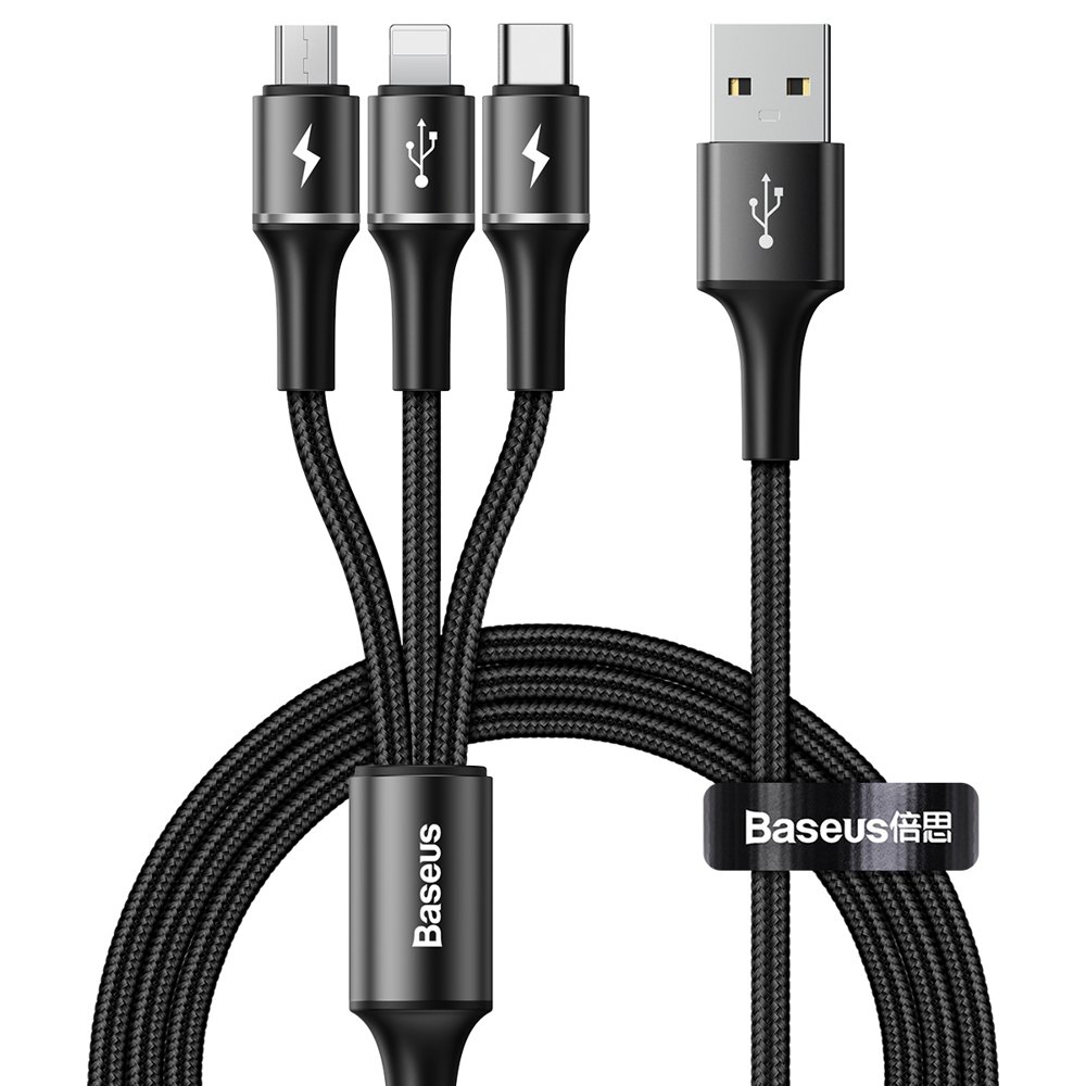 Baseus Halo 3in1 nylon harisnyázott USB/Type-C/Micro-USB/Lightning kábel 3.5A/1.2m fekete