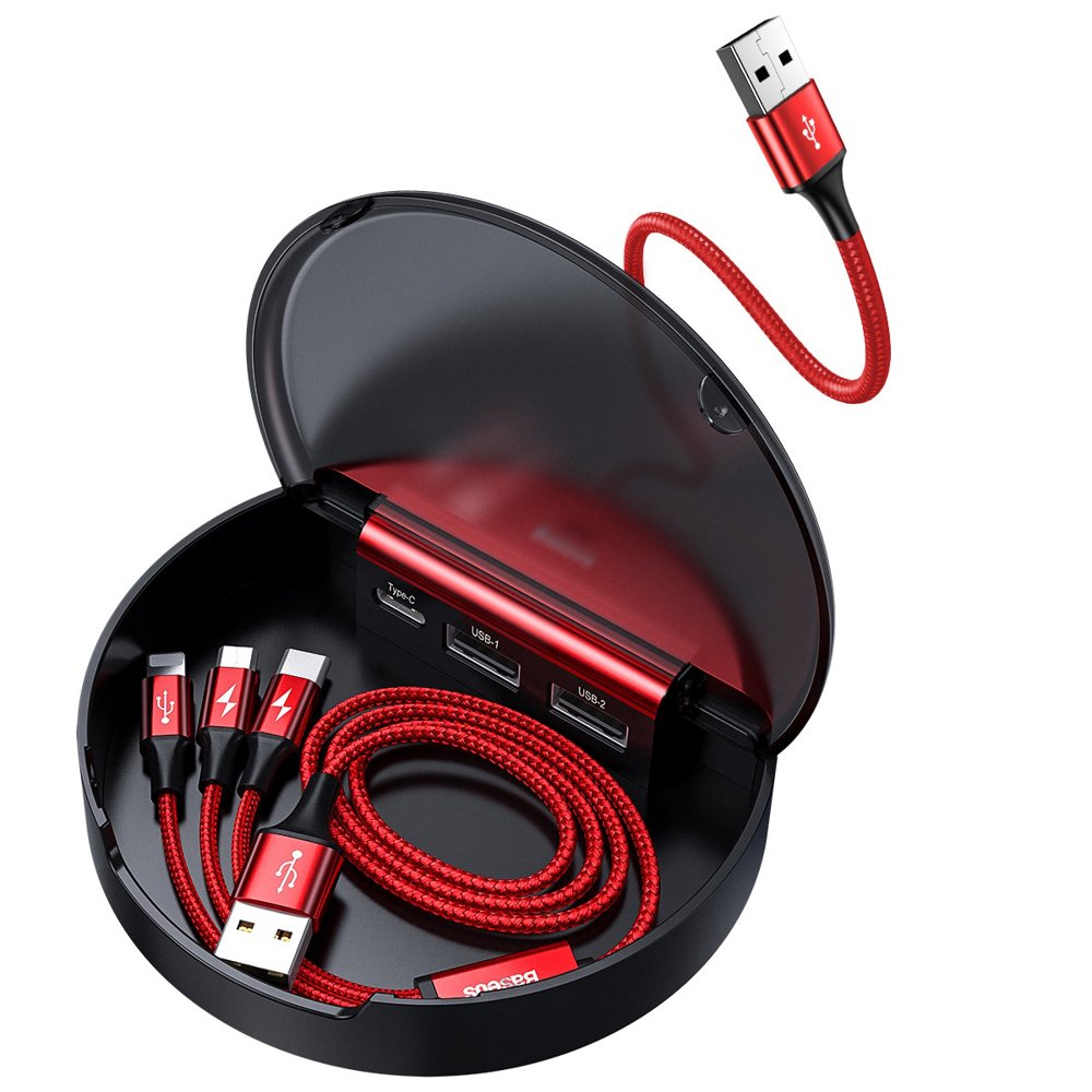 Baseus elosztó adapter USB HUB - 2x USB/USB Type-C 3A QC 3.0 + USB kábel 1.2m 3in1 piros