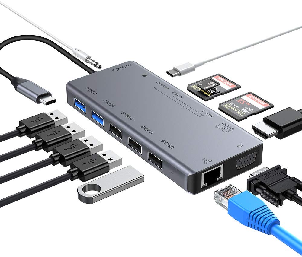 13 az 1-ben USB Type C Hub 1x USB-C, 3x USB 2.0, 2x USB 3.0, 1x HDMI, 2x SDXC, 1x microSD, 1x VGA, 1x 3.5mm audio, 1x Ethernet  MacBook-hoz