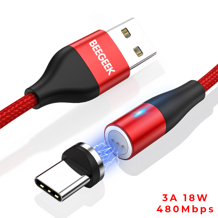 BeeGeek AM60 USB kábel 1M 3A 18W QC 3.0 gyorstöltés USB-C, Type-C mágneses fejjel, 1m piros 