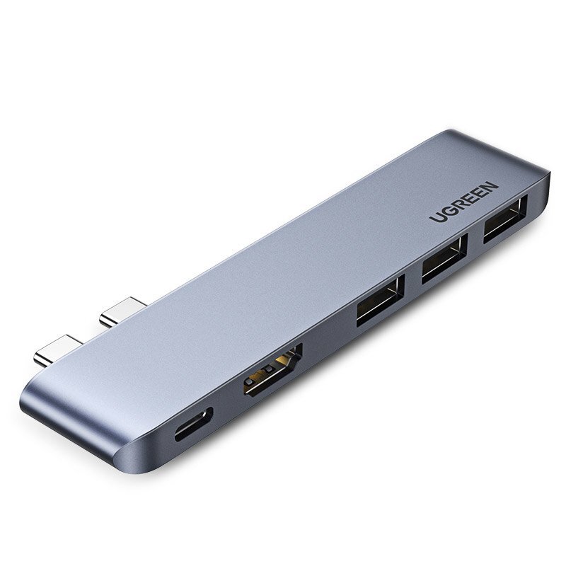 Ugreen Multifunkciós USB HUB 2x USB Typ C - USB Typ C PD (Thunderbolt 3, 100W, 4K@60 Hz, 10 Gbps) / HDMI 4K@30 Hz / 3x USB 3.0 MacBook Pro / Air szürke (60559)