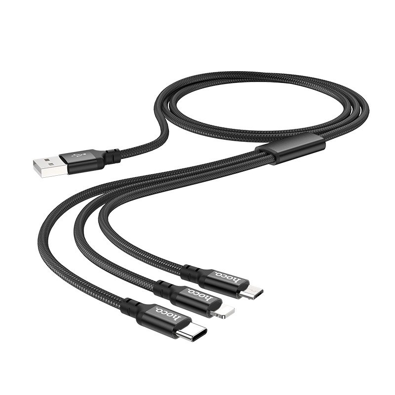 HOCO X14 3in1 töltő kábel 2.4A Micro USB/Lightning/Type-C fekete, iPhone töltőkábel