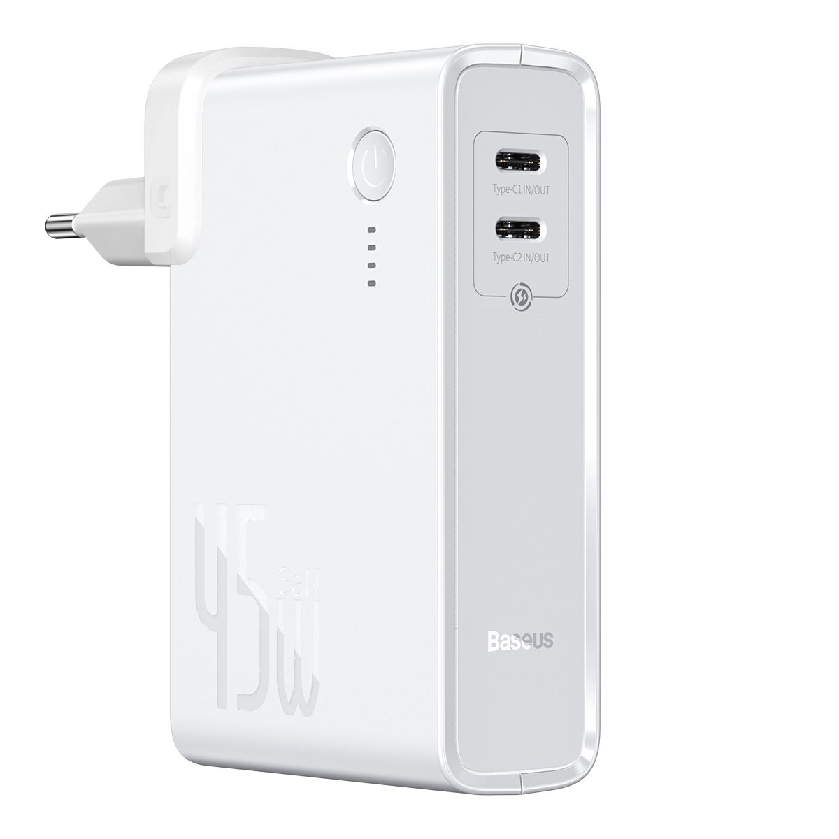 Baseus GaN power bank 10000 mAh gyors hálózati töltő adapter PPS 45 W 2x USB Type-C Quick Charge 3.0 Power Delivery (gallium nitrid) + USB Type C 1m kábel fehér (PPNLD-F02)
