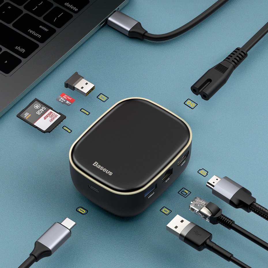 Baseus 6in1 USB Type-C HUB - (USB 3.0, RJ45, HDMI, SD, micro SD) Power Delivery 60W fekete (CAHUB-AU01)
