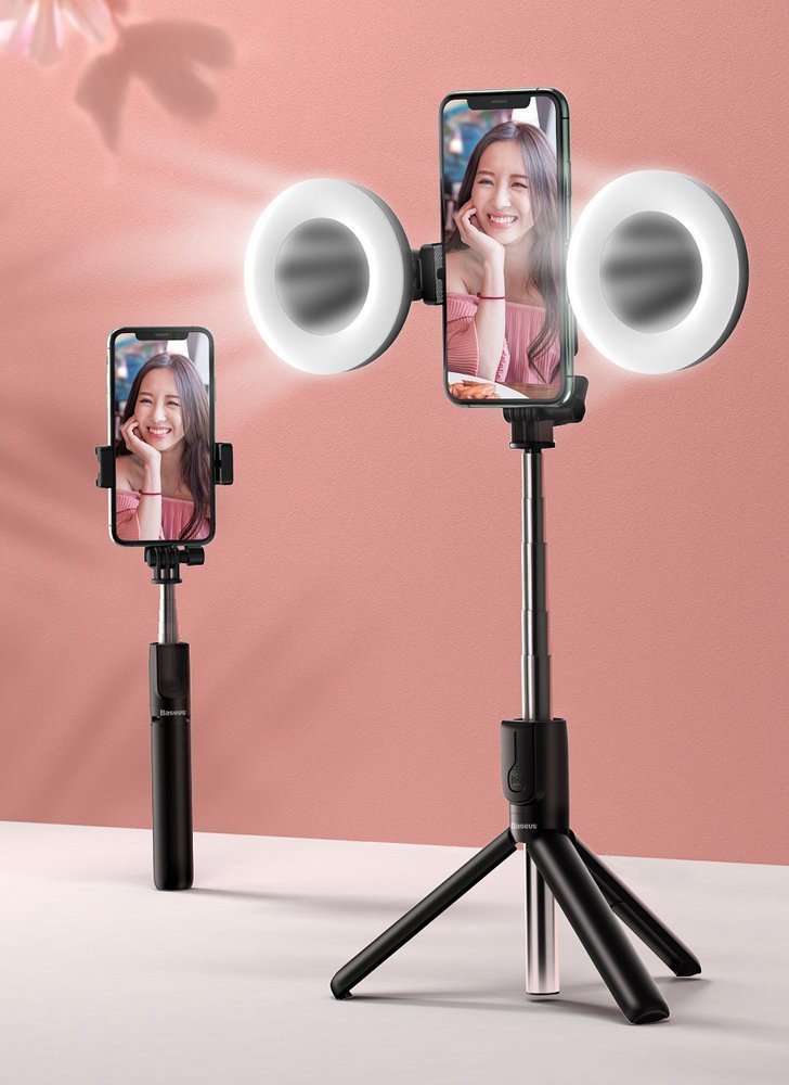 Baseus Selfie bot és teleszkópos tripod állvány bluetooth kioldóval fekete + 2 körfény ringlight lámpa (SUDYZP-F01)