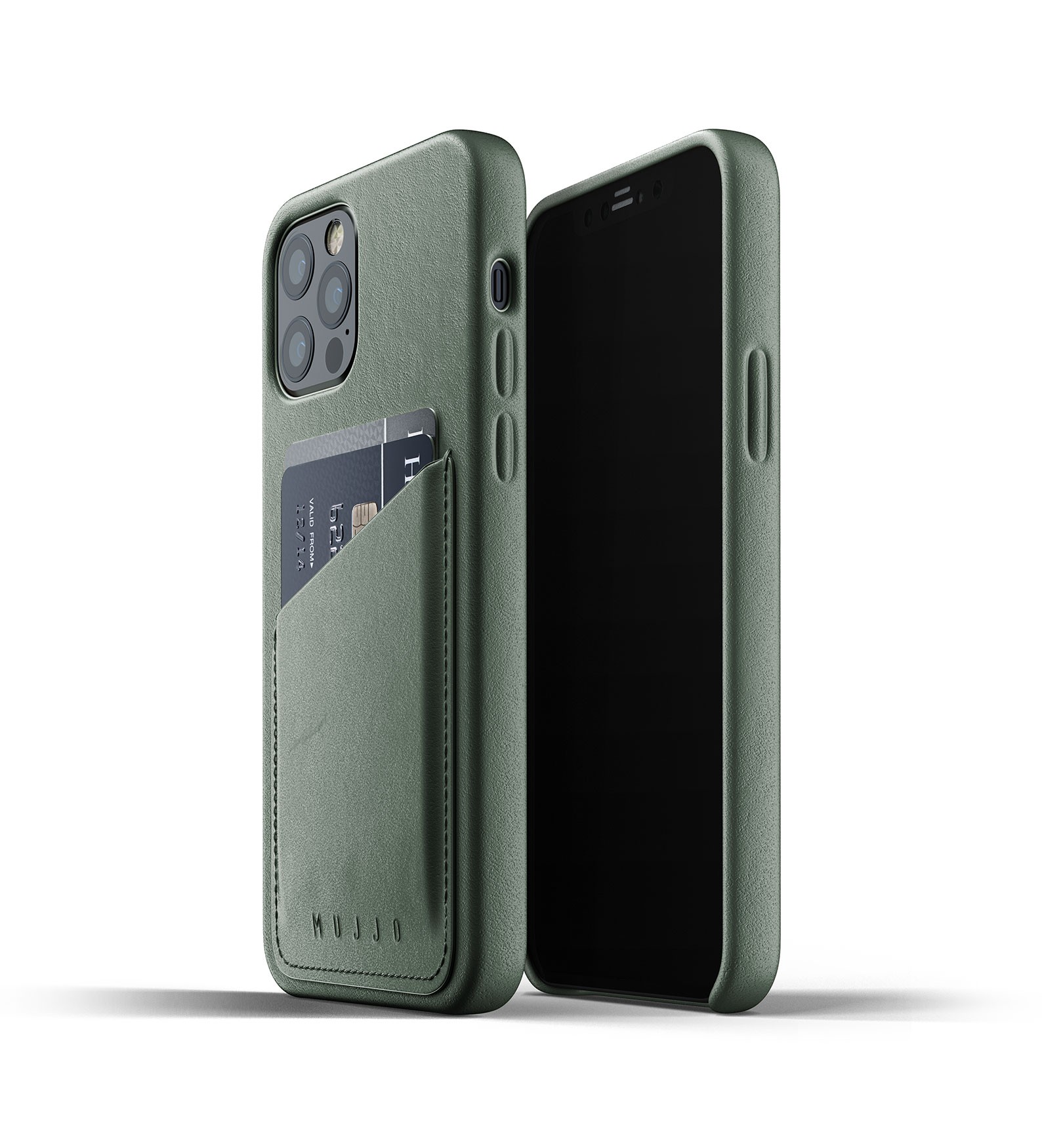 Mujjo Valódi bőr tok kártyatartóval iPhone 12/ 12 Pro Slate Green