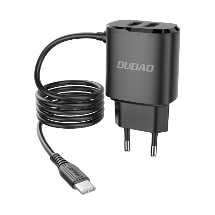 Dudao 2x USB hálózati töltő beépített USB Type-C kábellel 12W fekete (A2ProT)