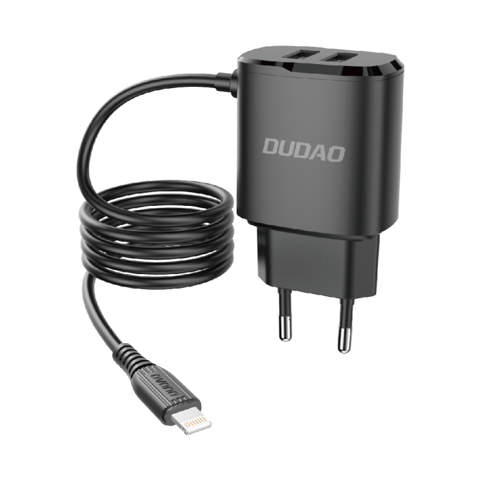 Dudao 2x USB hálózati töltő beépített Lightning kábellel 12W fekete (A2ProL)