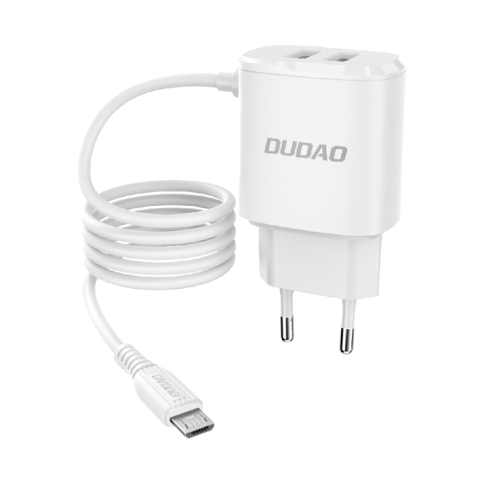 Dudao 2x USB hálózati töltő beépített Micro USB kábellel 12W fehér (A2ProM)