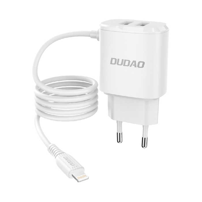 Dudao 2x USB hálózati töltő beépített Lightning kábellel 12W fehér (A2ProL)