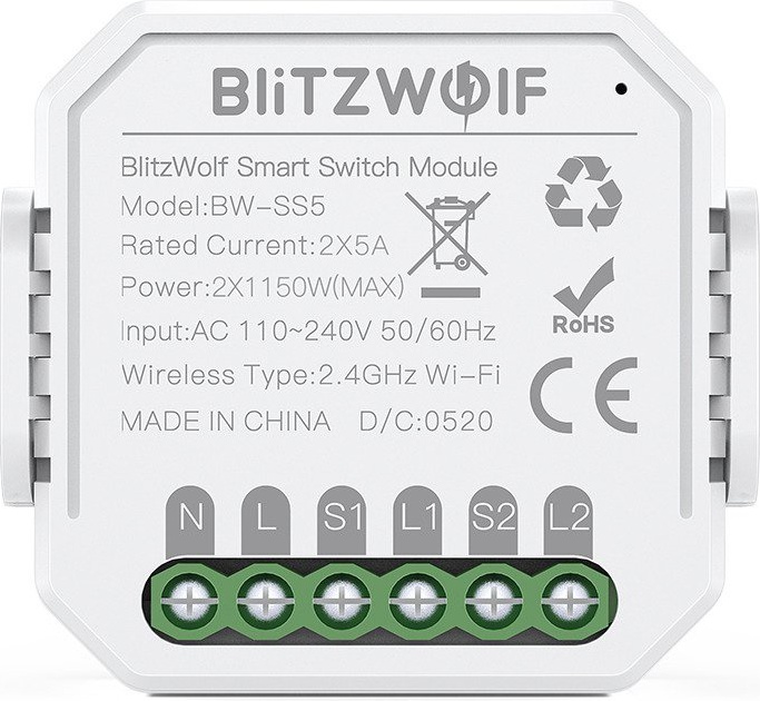 BlitzWolf BW-SS5 WiFi 2-gang okos kapcsoló fehér