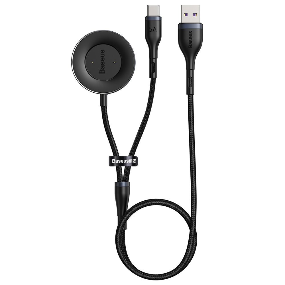 USB / USB Type C 40 W kábel + Huawei / Honor okosóra vezeték nélküli Qi töltő fekete Baseus 2in1 (CA1T2-G1)