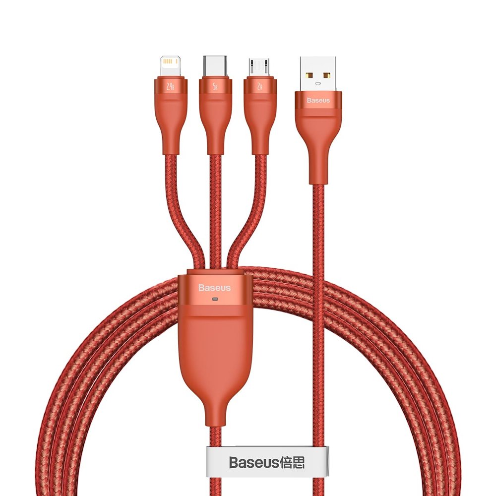 Baseus 3in1 Lightning/ micro USB/ Type-C kábel 1,2 m 5A 480Mbps 40W narancssárga (CA1T3-07)