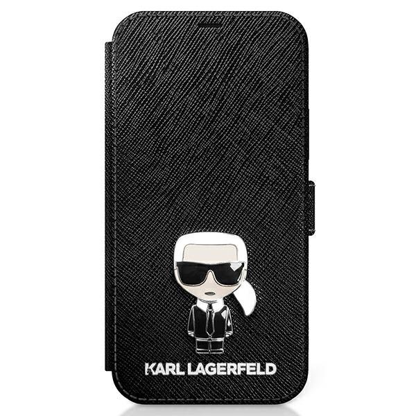 iPhone 12 mini Karl Lagerfeld KLFLBKP12SIKMSBK Saffiano Ikonik Metal fliptok fekete