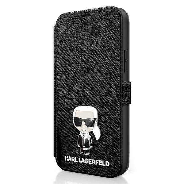 iPhone 12 mini Karl Lagerfeld KLFLBKP12SIKMSBK Saffiano Ikonik Metal fliptok fekete