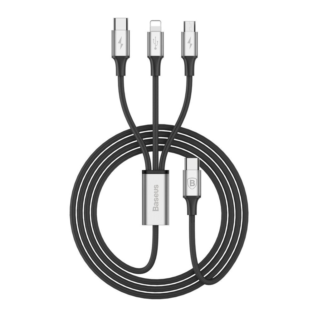 Baseus Rapid USB Type-C - micro USB/ Lightning/ USB Type-C kábel 1,2m 3A ezüst (CAMLT-SUS1)