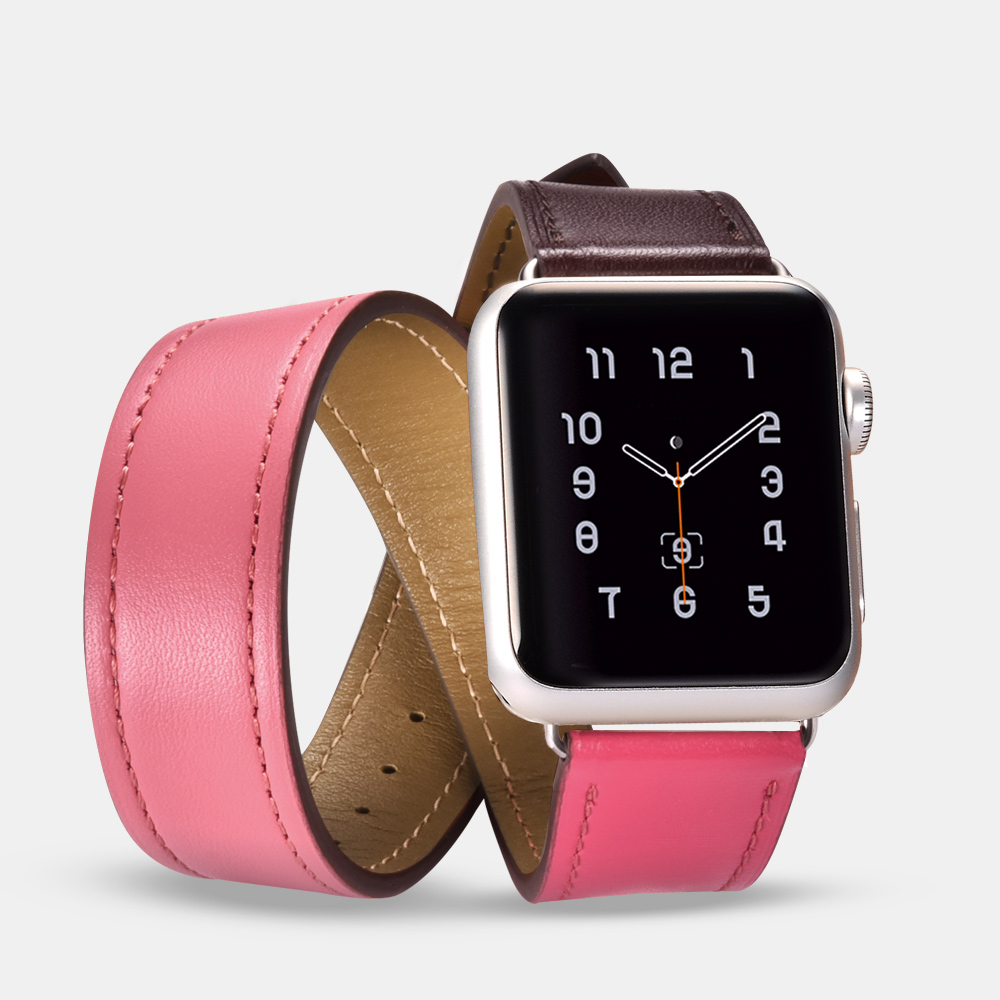 iCarer Hermes valódi bőr óraszíj Apple Watch 42/44/45 mm Double Coffee / Rose