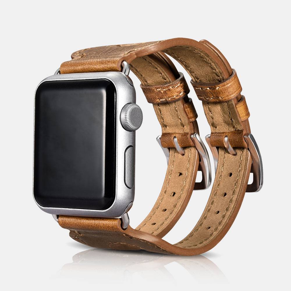 iCarer Valódi bőr óraszíj Apple Watch 38/40/41 mm dupla szíjas design világosbarna