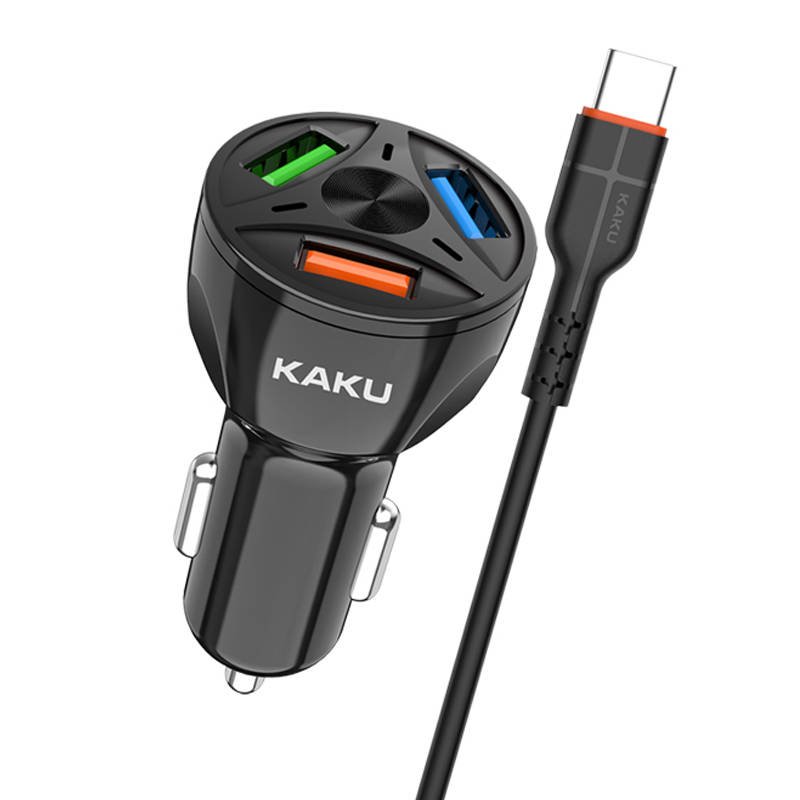 KAKU Univerzális autós töltő 20W 4,8A QC3.0 3xUSB + USB Type-C kábel fekete (KSC-493)