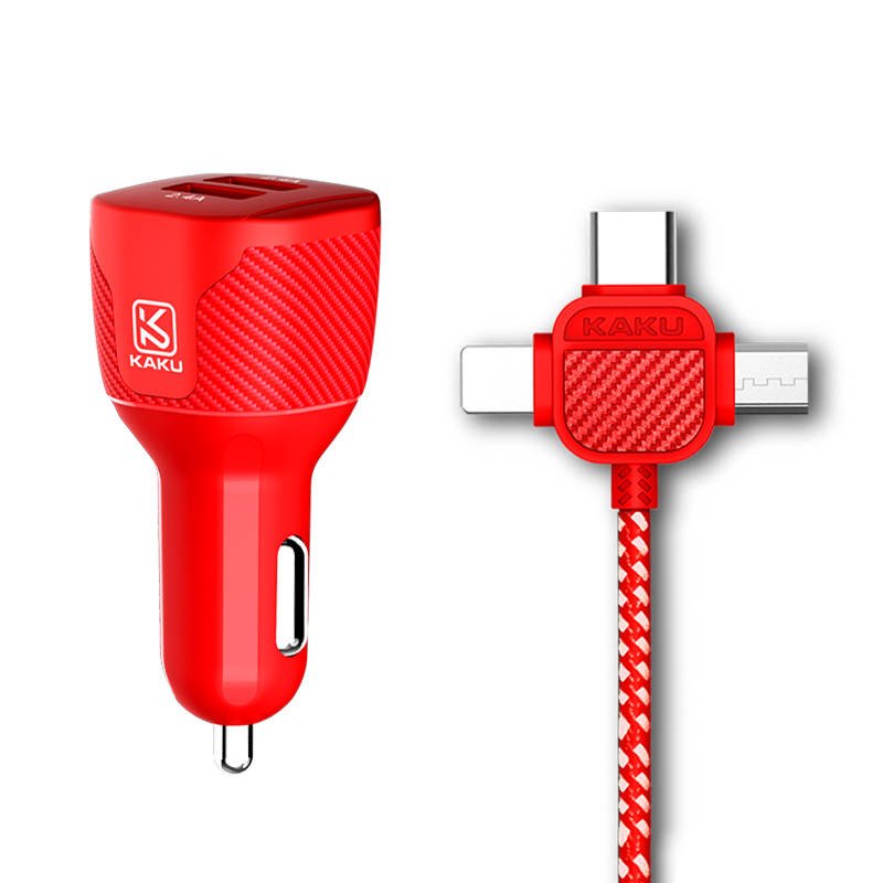 KAKU Jinba 3in1 Univerzális autós töltő 2.4A 2xUSB (USB Type C + Lightning + Micro USB) piros