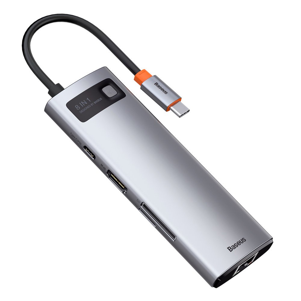 Baseus Metal Gleam 8in1 HUB USB Type-C - USB Type-C PD 100W / HDMI 4K 30Hz / 3x USB 3.2 Gen 1/ RJ45 1Gbps/ SD és MicroSD kártyaolvasóval szürke (CAHUB-CV0G)