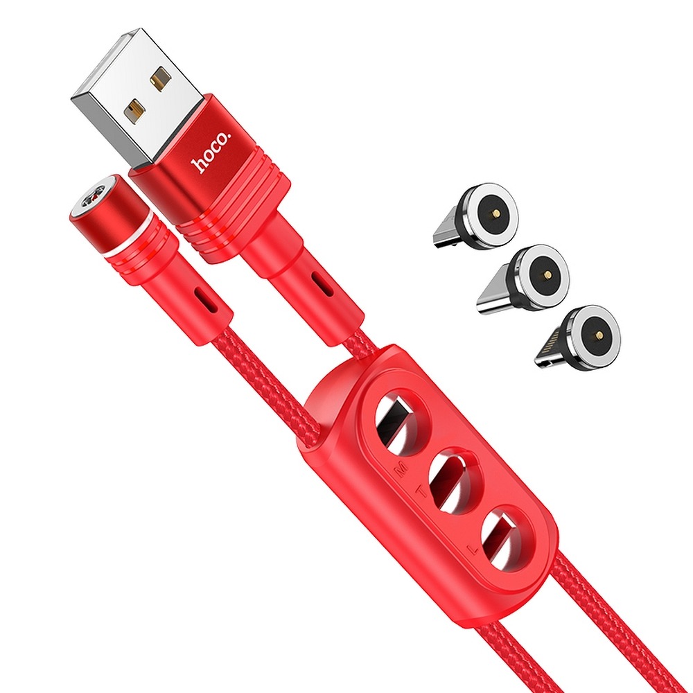 HOCO Mágneses USB kábel 3in1 (Type C + Micro + Iphone Lightning 8-pin) 2.4A 1.2m piros