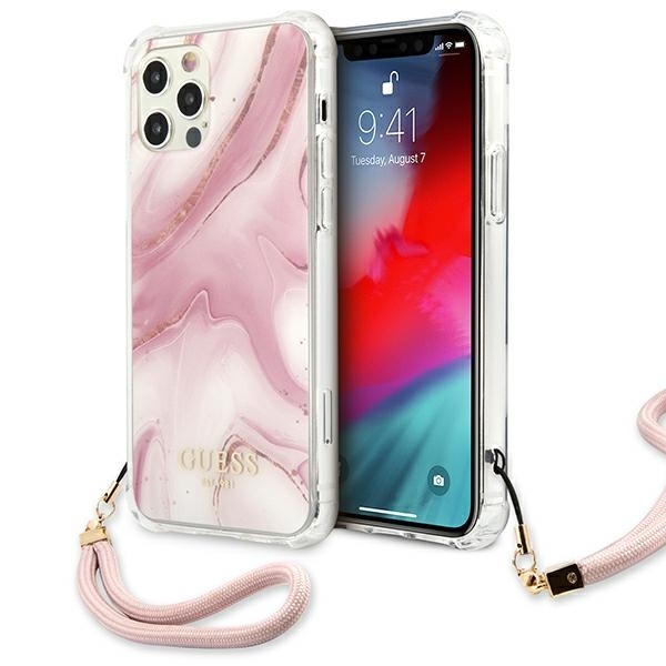 iPhone 12 Pro Max Guess GUHCP12LKSMAPI Marble tok pánttal pink