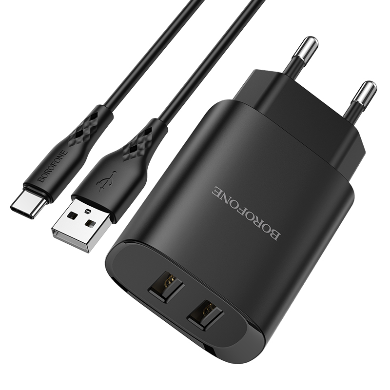 Borofone BN2 Hálózati töltő adapter 2xUSB 2.1A + USB Type-C kábel fekete