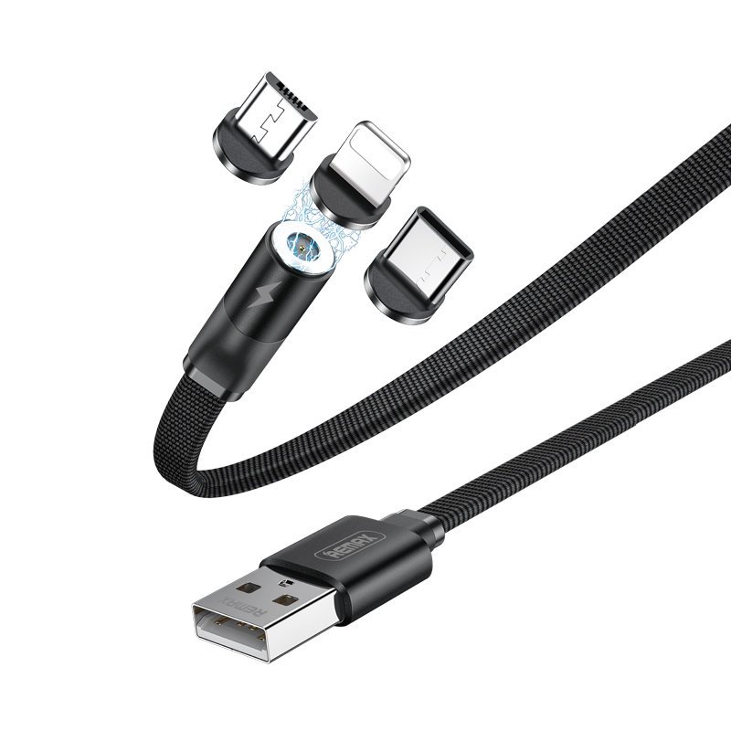 Remax Mágneses USB kábel Lightning / USB Type C / micro USB fejjel 2.1A 1m fekete