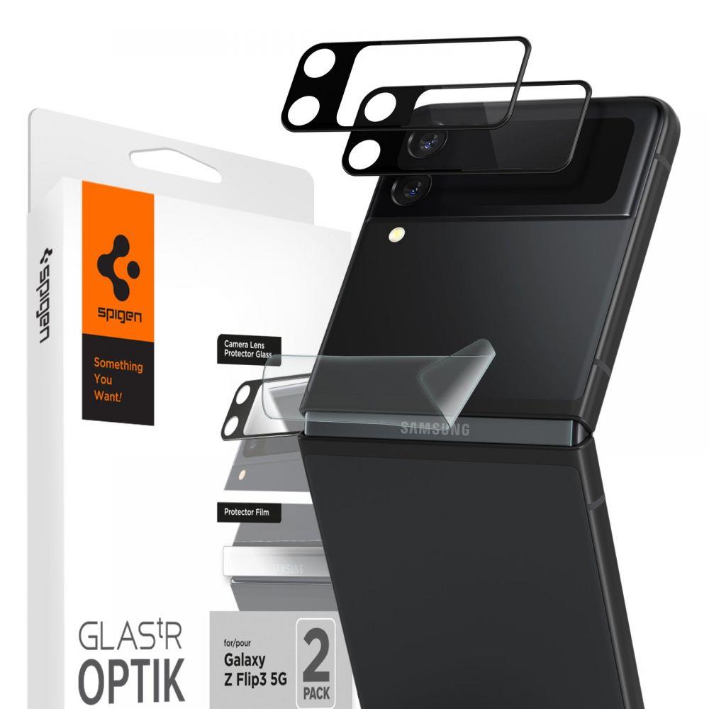 Samsung Galaxy Flip 3 Spigen Optik.Tr kameralencse védő 9H üveg és pánt védő fólia fekete