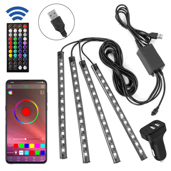 Autós LED szalag USB + 2.1A töltő, 2x USB + távirányító,  iOS / Android fekete