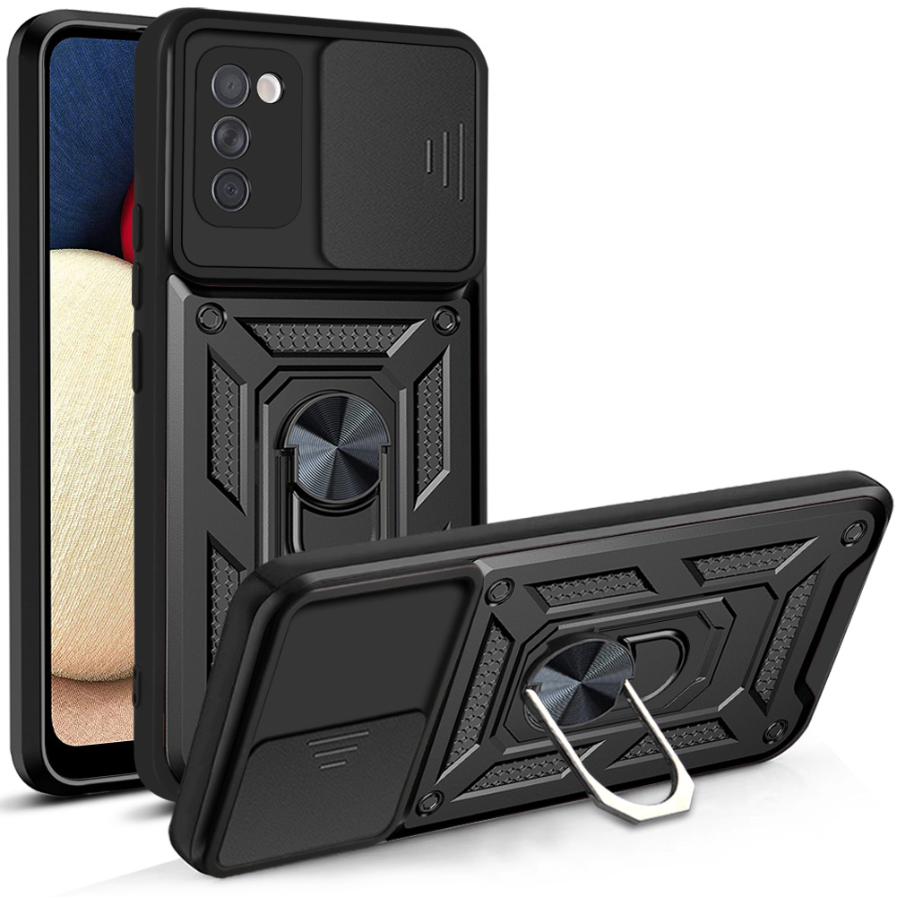 Samsung Galaxy A03s TPU tok kameralencse védővel, kihajtható mágneses támasszal fekete Alphajack