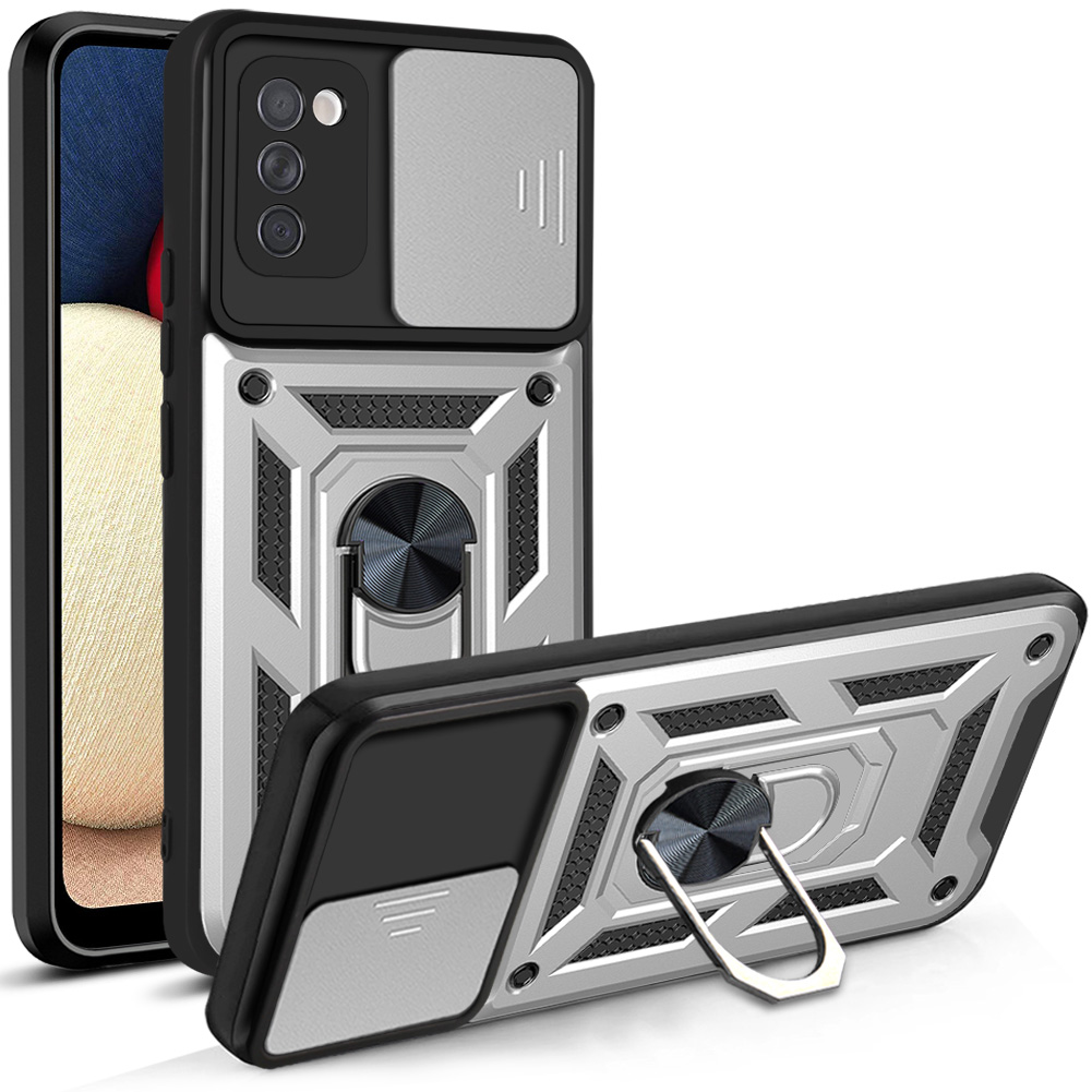 Samsung Galaxy A03s TPU tok kameralencse védővel, kihajtható mágneses támasszal ezüst Alphajack
