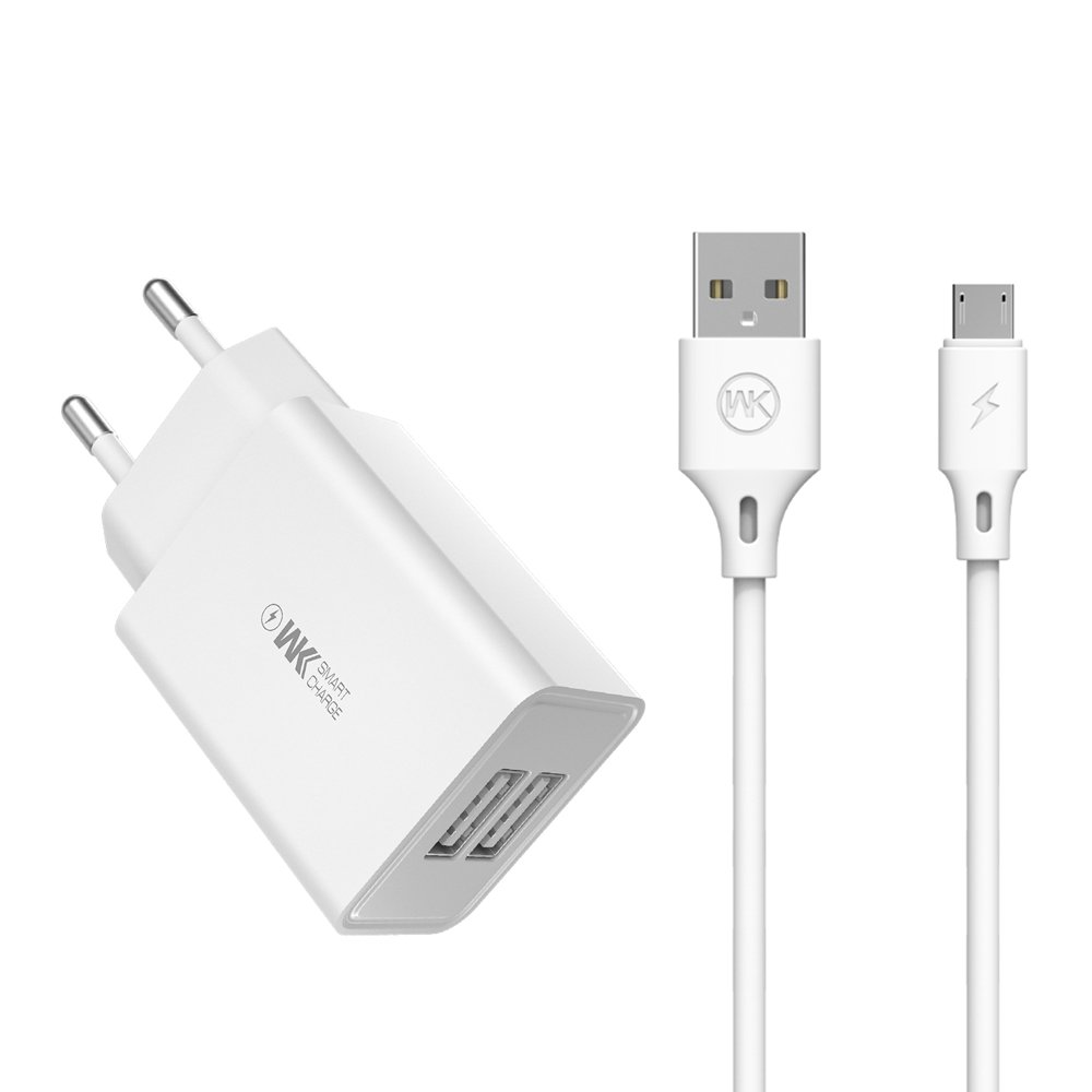WK Design Hálózati töltő 2x USB 2A + USB - Micro USB kábel 1m fehér (WP-U56)