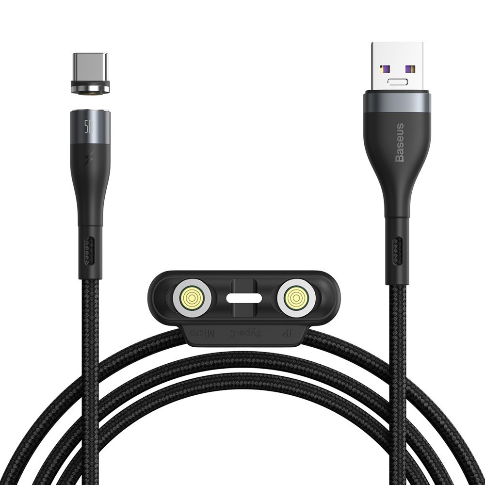 Baseus Zinc 3 az 1-ben mágneses USB - Lightning / Type C / micro USB kábel (5A / 480 Mbps) 1 m fekete-szürke