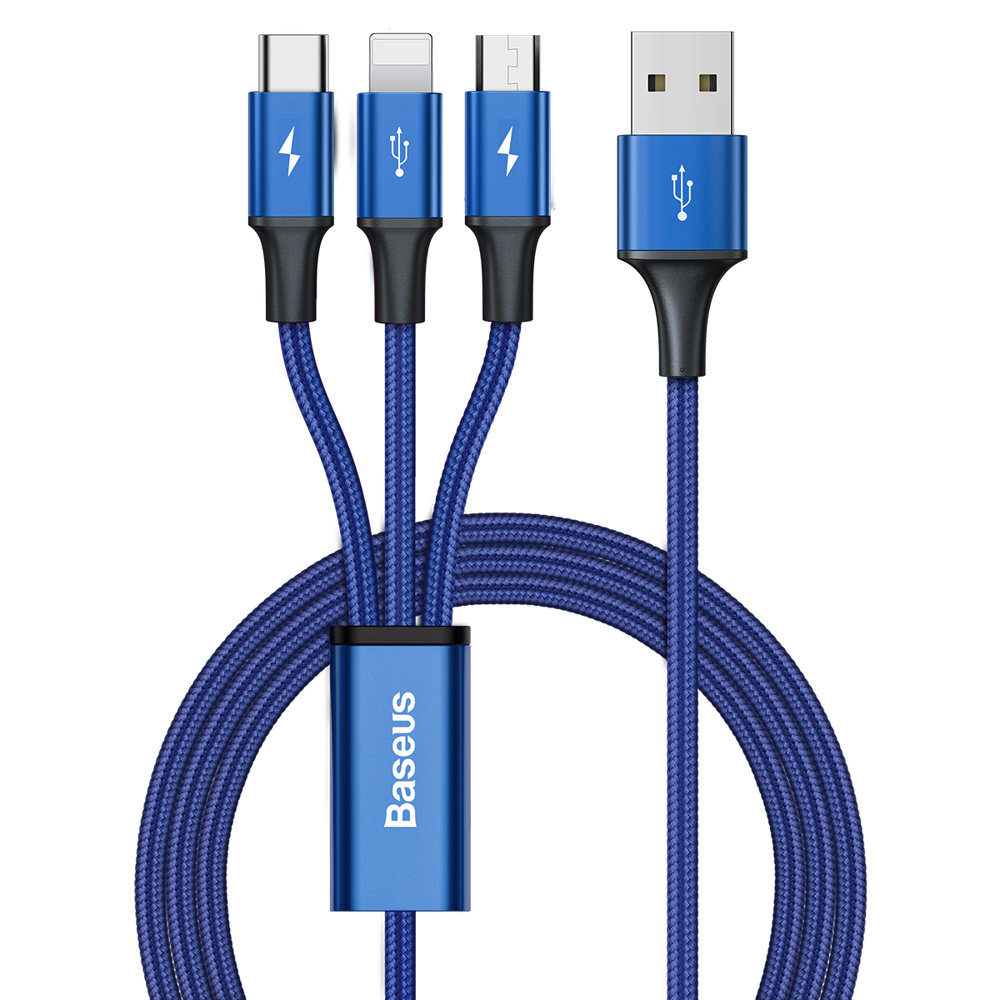 Baseus Rapid 3 az 1-ben USB - USB Type C / Lightning / micro USB töltő- és adatkábel 1.2m kék