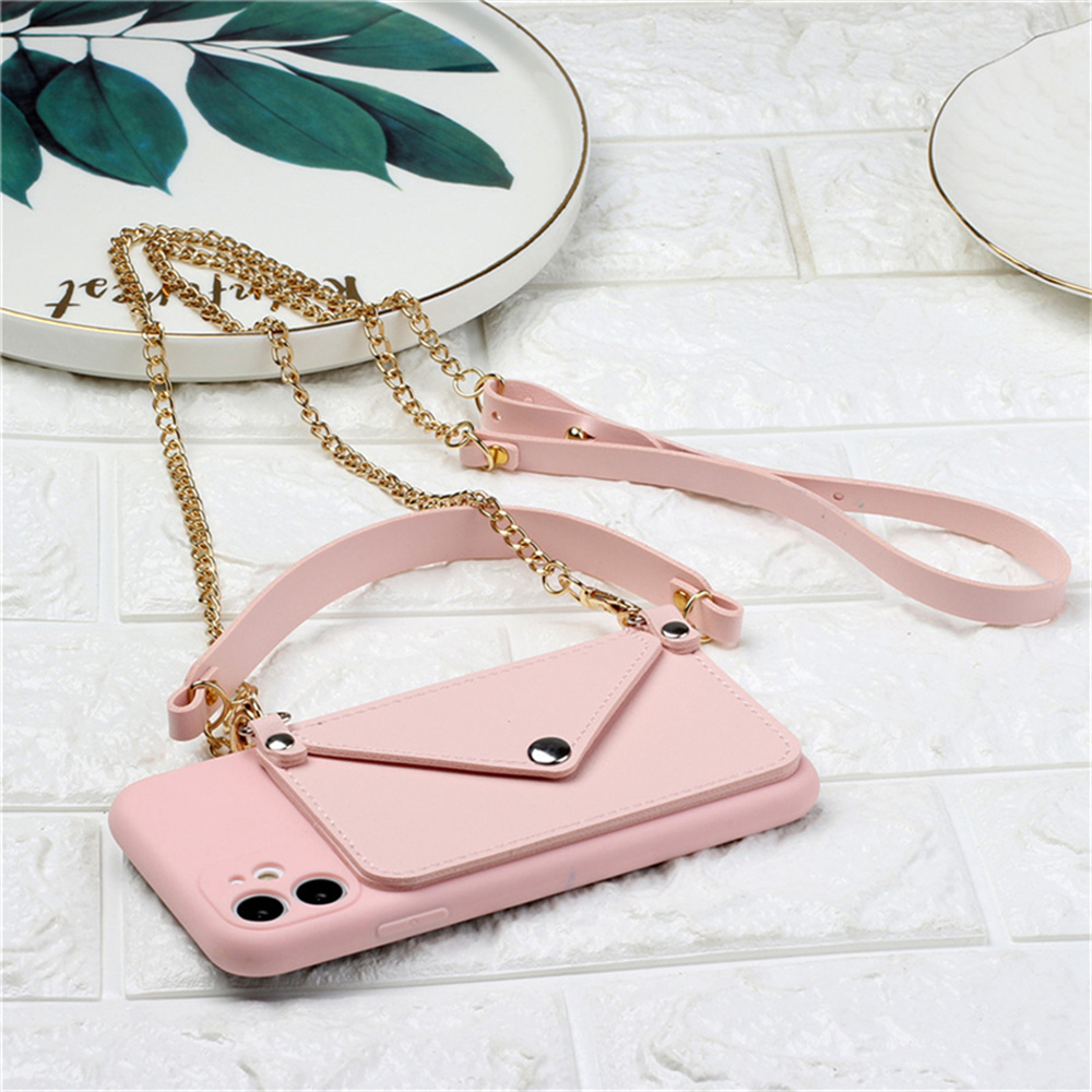 iPhone 13 TPU tok bőr pénztárcával és pánttal rózsaszín színben Alphajack