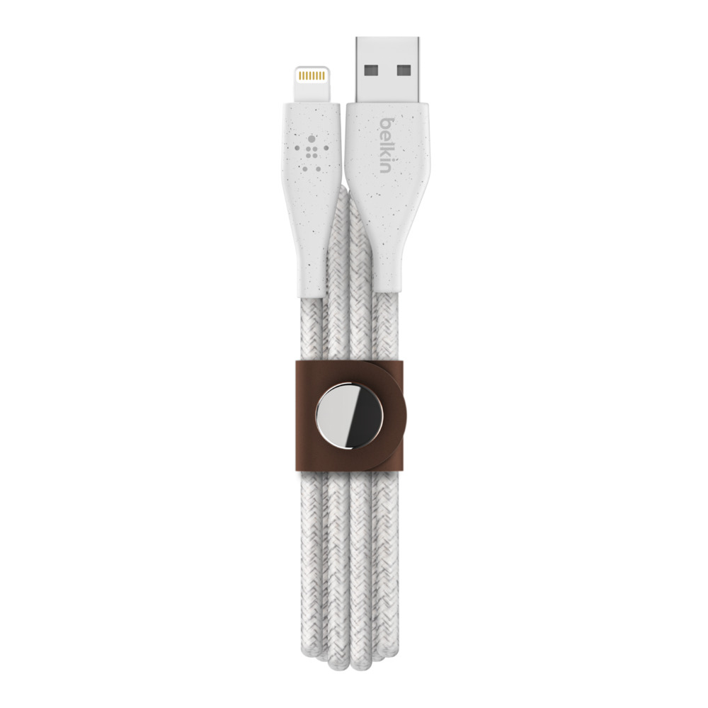 Belkin DuraTek Plus Lightning - USB-A kábel 1.2m, bőr kötegelővel, fehér (F8J236bt04-WHT)