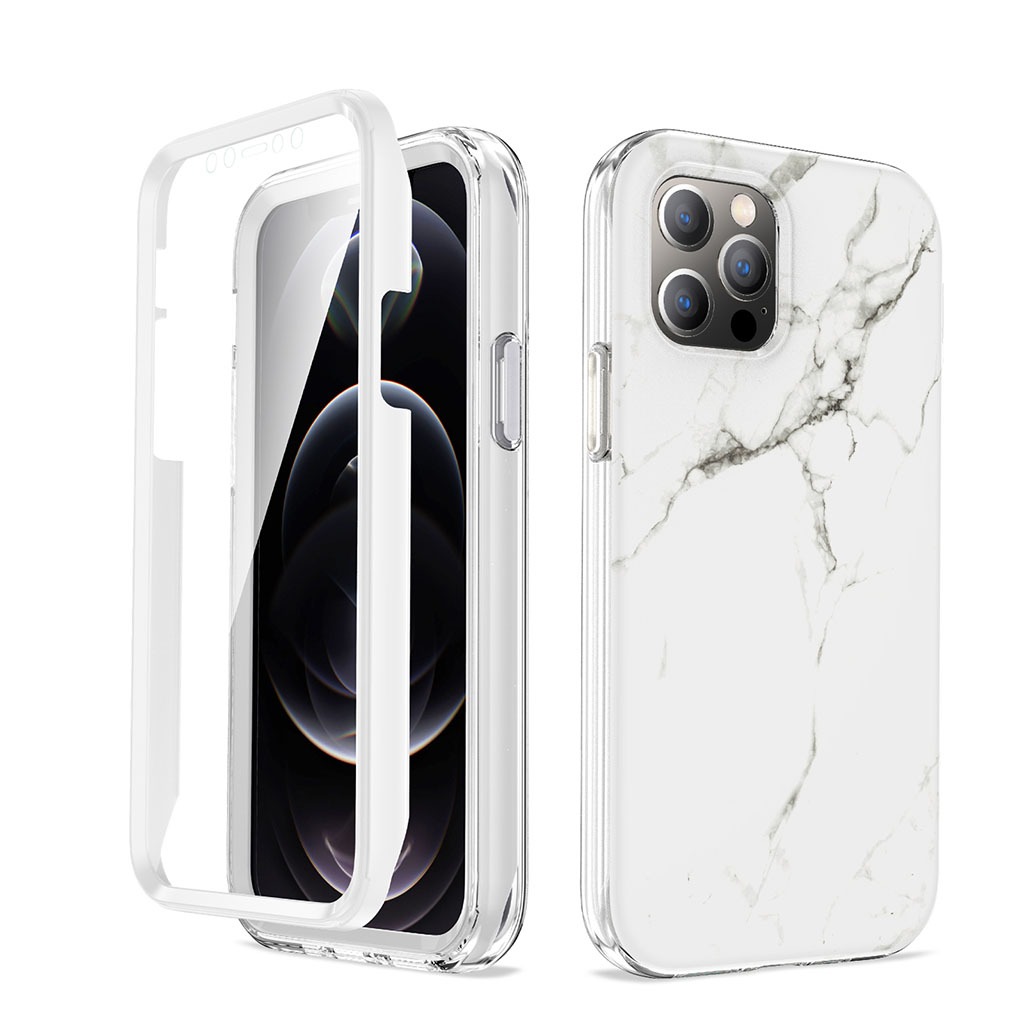 iPhone 12 Pro Max márvány mintás 360 fokos védelmet biztosító TPU tok kijelzővédővel, fehér Alphajack
