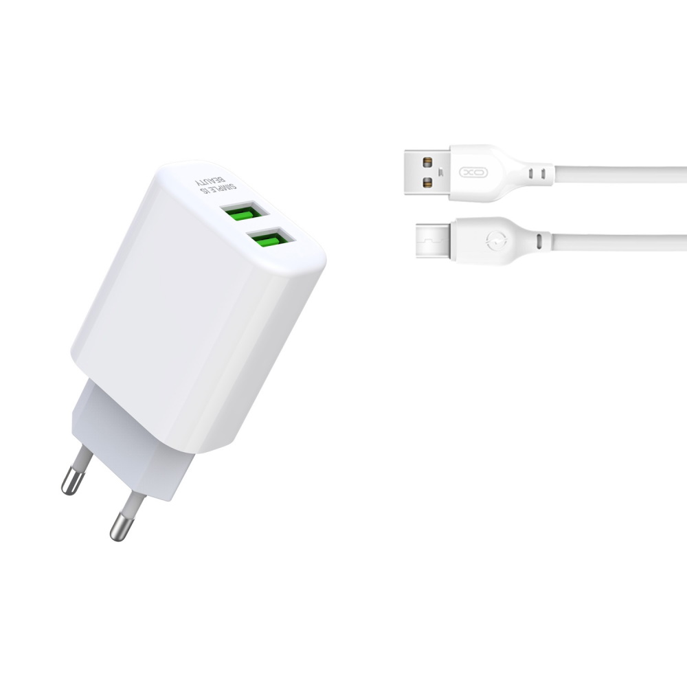XO Hálózati töltő adapter L85C 2x USB 2.4A + USB C kábel fehér